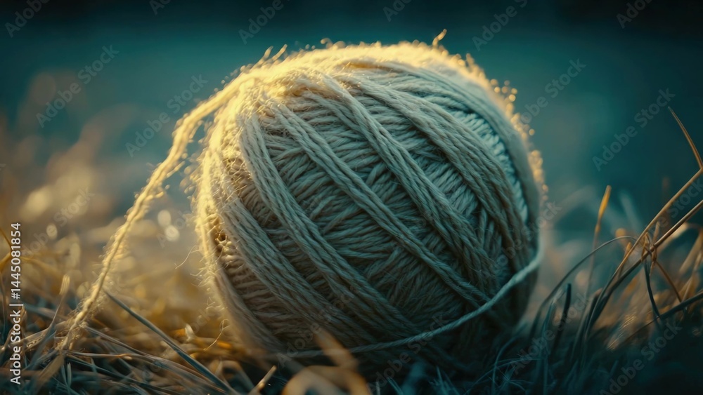 A single ball of yarn is sitting on the grass, waiting for use