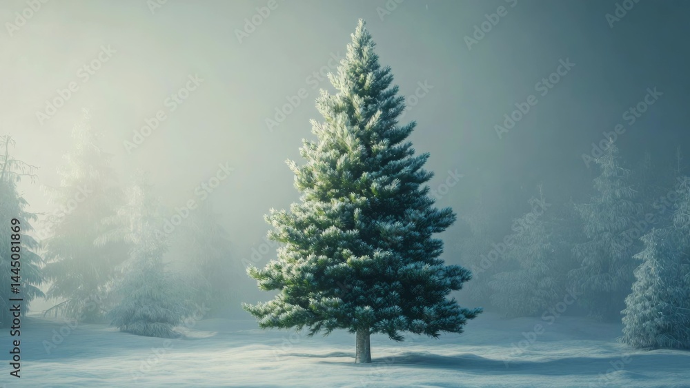 A single pine tree stands alone in a snowy field, providing a serene winter scene