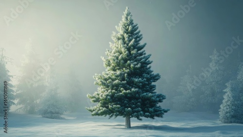 Obraz na płótnie A single pine tree stands alone in a snowy field, providing a serene winter scene w salonie