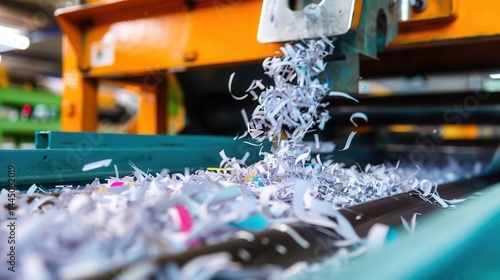 Paper Shredding Machine in Action with Shredded Documents Falling Down