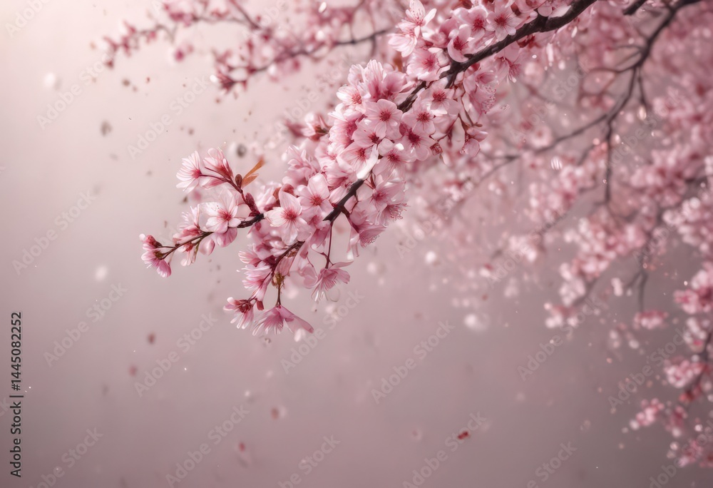 Fototapeta premium Delicate pink sakura petals drift down, soft focus background, spring bloom , flora, floral