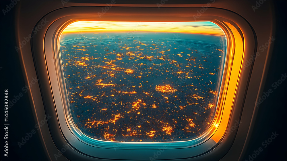 Aerial View of City Lights Through Airplane Window at Sunset Aerial View of City Lights Through Airplane Window at Sunset
