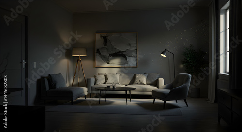 A dimly lit living room with grey furniture, a large abstract painting, and warm lighting.  A small plant sits beside a floor lamp