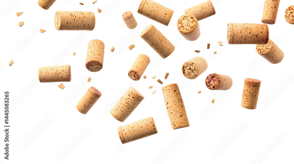 Elegant Flying Falling Wine Corks on Transparent Background Elegant Flying Falling Wine Corks on Transparent Background