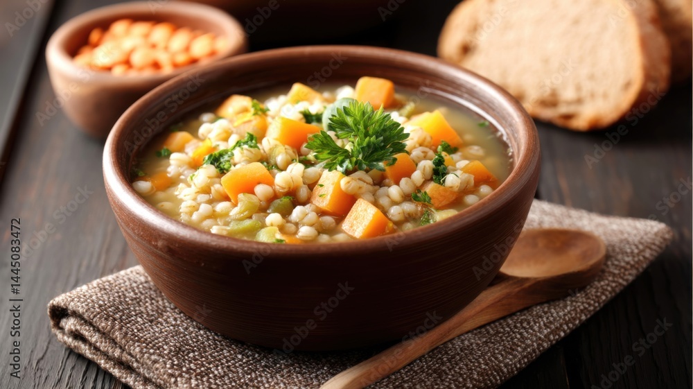 Hearty vegetable and barley soup served in a rustic bowl, garnished with parsley, alongside bread on a wooden table. Hearty vegetable and barley soup served in a rustic bowl, garnished with parsley, alongside bread on a wooden table.
