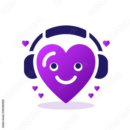 Happy purple heart with headphones and smiling face surrounded by tiny hearts