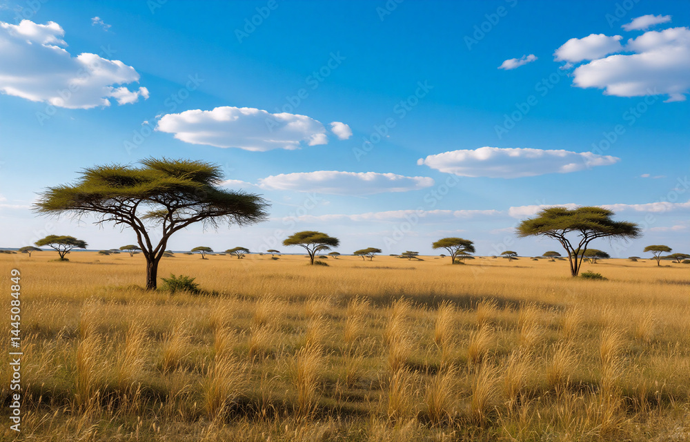 Serene African savanna landscape under a vibrant blue sky. Scattered acacia trees dot the golden grasslands, creating a picturesque scene. Serene African savanna landscape under a vibrant blue sky. Scattered acacia trees dot the golden grasslands, creating a picturesque scene.