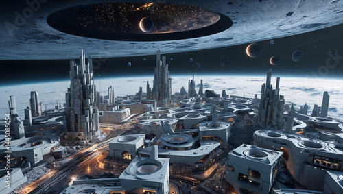 Fototapeta Naklejka Na Ścianę i Meble -  Futuristic cityscape orbiting earth with space station and multiple moons