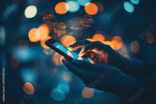 Hands tapping on mobile phone screen reflecting lights in modern digital connectivity concept night