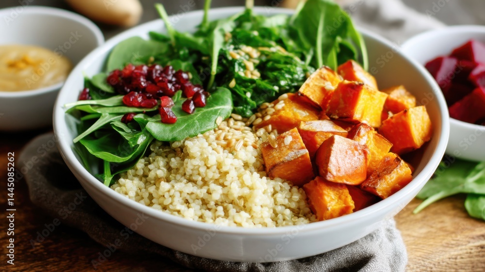 A colorful quinoa bowl with spinach, roasted sweet potatoes, greens, cranberries, and seeds, served fresh and vibrant on a wooden table. A colorful quinoa bowl with spinach, roasted sweet potatoes, greens, cranberries, and seeds, served fresh and vibrant on a wooden table.
