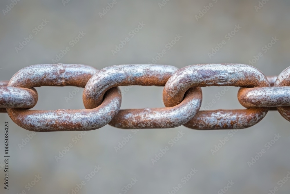 Close up on rusty metal chain featuring industrial strength links and neutral blurred background Close up on rusty metal chain featuring industrial strength links and neutral blurred background