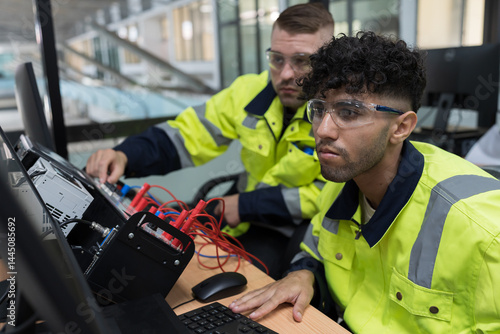 Machine learning. Electrical engineer. Works on desktop computer. Team of male engineers training Programmable logic controller in workshop. Industrial computer concept