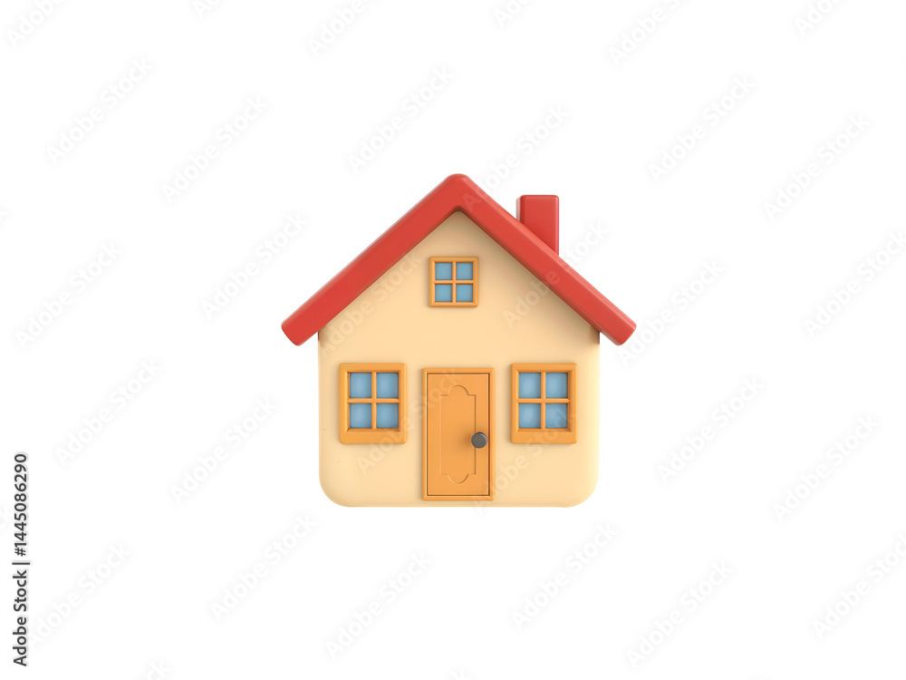 3D cartoon house icon with red roof and chimney, representing home, real estate, or family residence. Generative AI