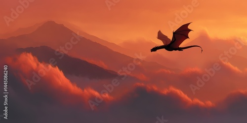 Fiery dragon soaring above a mountainous landscape.