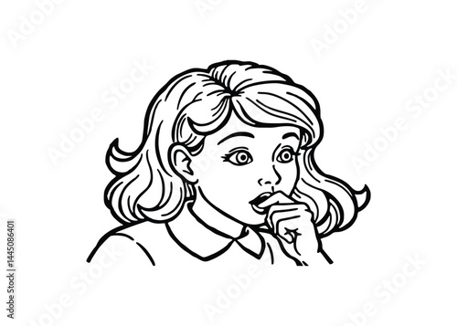 Silhouette of girl touching lips lightly isolated on a white background