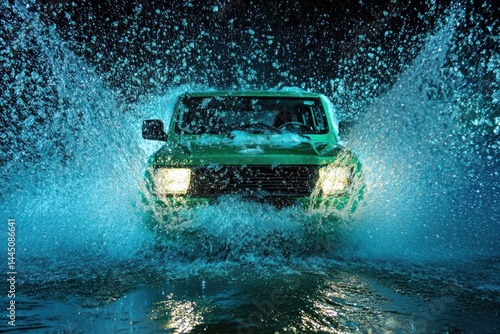 Dynamic Automotive Scene Green Car Splashing through Water Puddle at Night Impactful Motion Powerful Energy