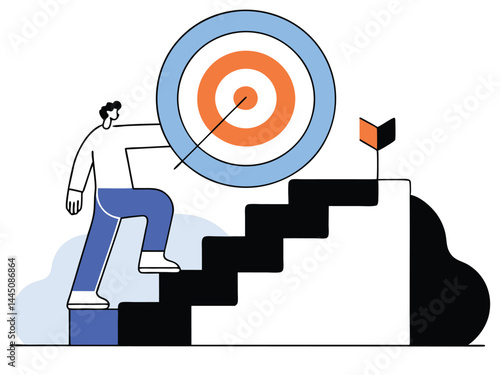 Progress to Success Icon – Businessman Running Up Staircase Toward Goal Representing Career Growth and Personal Development