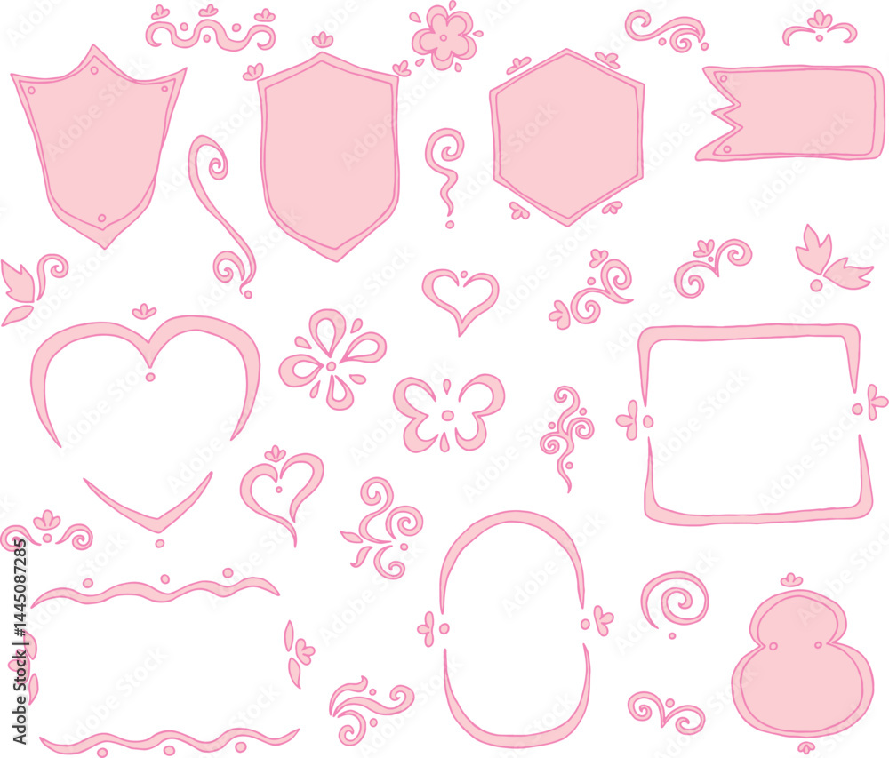 Set of hand drawn curved line frames in soft pink shades: shield shapes, heart, rectangle frame, oval, flag, figure eight frame, hexagon Set of hand drawn curved line frames in soft pink shades: shield shapes, heart, rectangle frame, oval, flag, figure eight frame, hexagon
