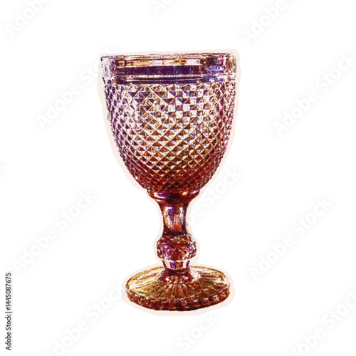 Trendy halftone collage of a goblet cut out an old newspaper. Isolated vector illustration colorful retro sticker of glass with Bitmap and Dots texture. Vintage aesthetic, 80s - 90s vibe, nostalgic