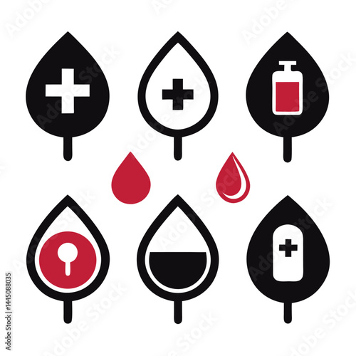 Blood Donation Bags Icons Set for Medical Design
