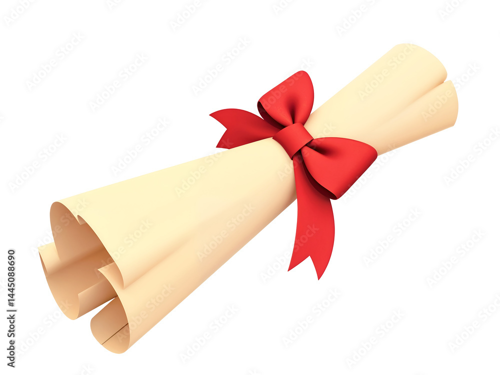 Rolled-up certificate tied with red ribbon, 3D icon symbolizing achievement, graduation, diploma, and award. Generative AI