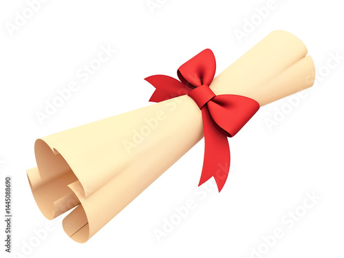 Obraz na płótnie Rolled-up certificate tied with red ribbon, 3D icon symbolizing achievement, graduation, diploma, and award. Generative AI w salonie
