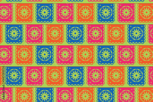 Mexican seamless pattern with endless bright garland papel picado on green background. Vector illustration for Cinco de Mayo holiday.