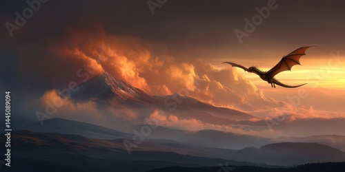Majestic dragon soars above a fiery sunset.