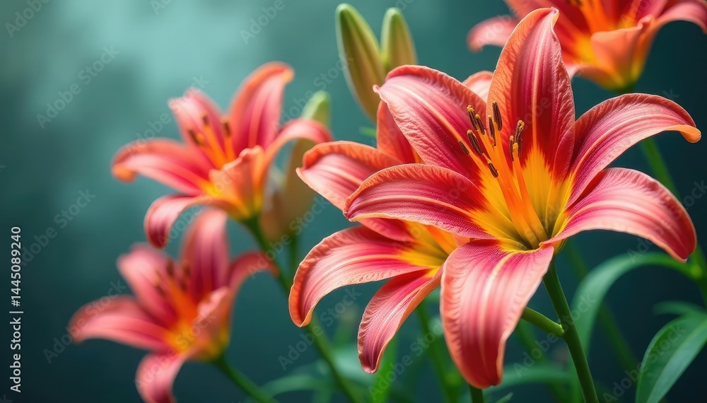 Fototapeta premium Bold, stylized lilies in a vibrant, continuous print , graphic, background