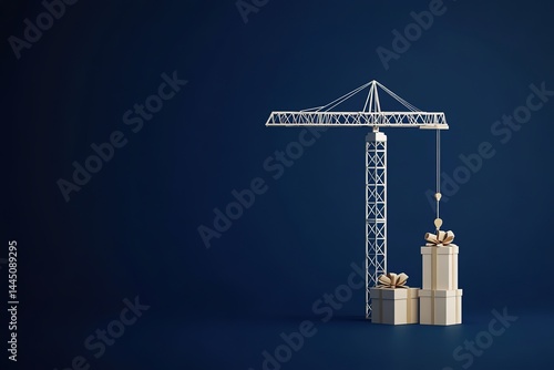 Construction Crane Lifting Gift Boxes, Blue Background, Minimalist Design, Elegant Bows