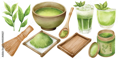 Watercolor Matcha Tea Vector Clip Art Set Hand Painted Green Tea Leaf Powder Whisk Spoon Bowl Ice Drink Jar Japanese Ceremony Illustration
