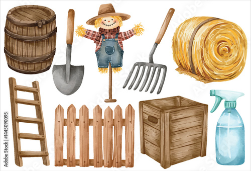 Watercolor Farm Tool Vector Clip Art Set Hand Painted Shovel Rake Spray Barrel Ladder Hay Crate Fence Scarecrow Illustration