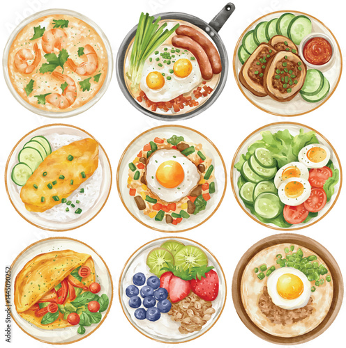 Watercolor Asian Breakfast Vector Clip Art Set Hand Painted Fried Egg Rice Porridge Omelet Sausage Toast Salad Fruit Bowl Illustration
