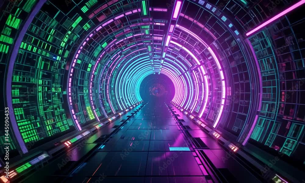 Futuristic glowing tunnel with neon lights and perspective depth in cyberpunk style. Sci-fi digital concept Futuristic glowing tunnel with neon lights and perspective depth in cyberpunk style. Sci-fi digital concept