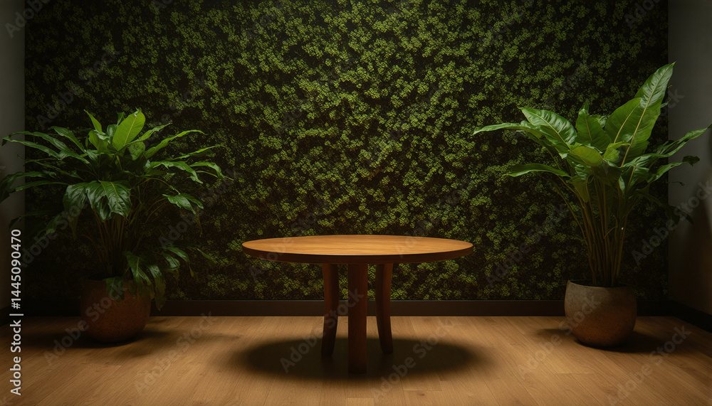 Fototapeta premium Serene Indoor Green Wall with Lush Plants and Wooden Table, Natural Tranquil Home Decor, Relaxing Botanical Interior