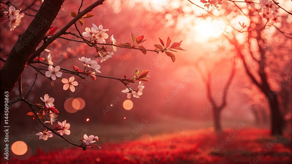 Blooming tree branches with white flowers and red leaves in a dreamy pink and red landscape Blooming tree branches with white flowers and red leaves in a dreamy pink and red landscape