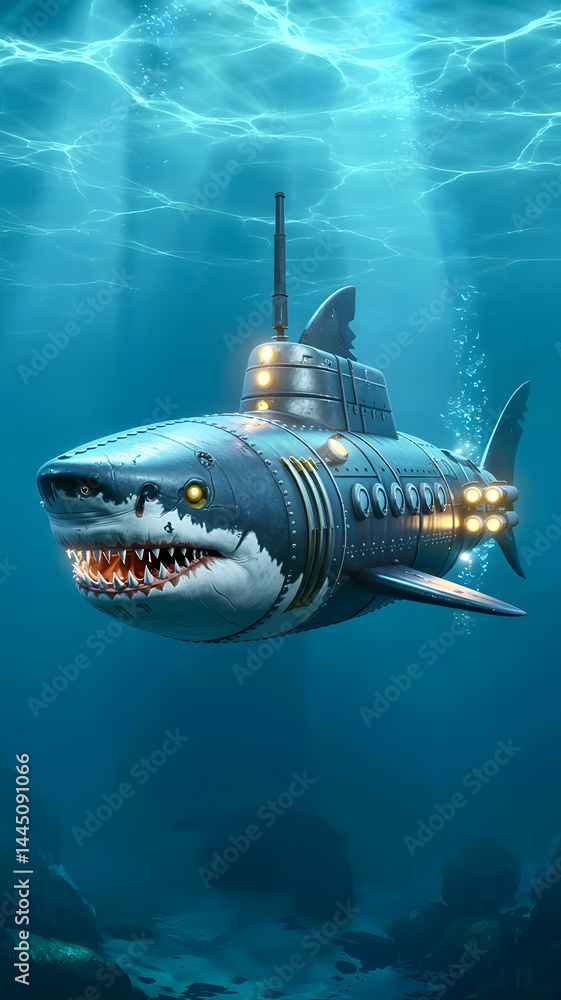 Fototapeta premium Creative submarine design resembling a shark explores underwater depths near a coral reef during daylight