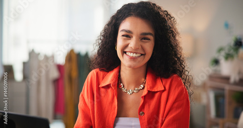 Obraz na płótnie Shop owner, fashion portrait or woman with smile for online store, ecommerce distribution or small business growth. Startup, girl and laptop in boutique for custom retail clothing or order management w salonie