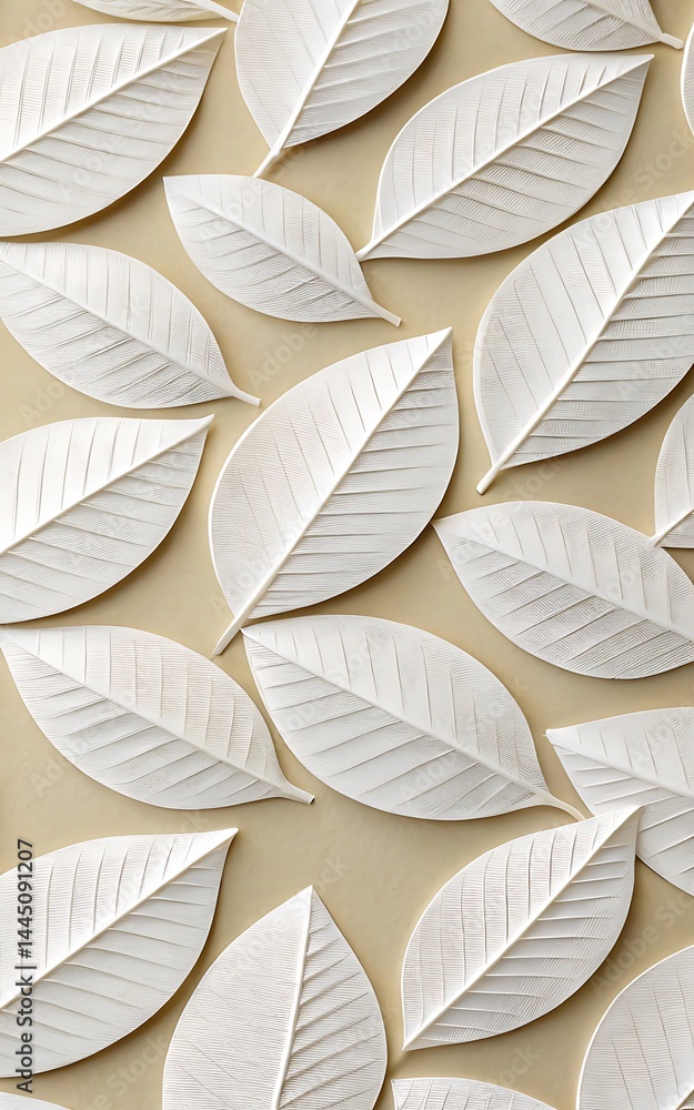 Elegant Leaf Motif: A stunning, high-angle shot showcases a meticulously arranged composition of detailed, pristine white leaves. Elegant Leaf Motif: A stunning, high-angle shot showcases a meticulously arranged composition of detailed, pristine white leaves.
