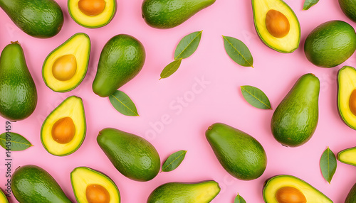 Wallpaper Mural Avocado pattern on pink background. Top view. Banner. Pop art design, creative summer food concept. Green avocadoes, minimal flat lay style, 8k  photorealism. with white shades Torontodigital.ca