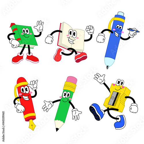 Happy School Supplies Cartoon Character Set
