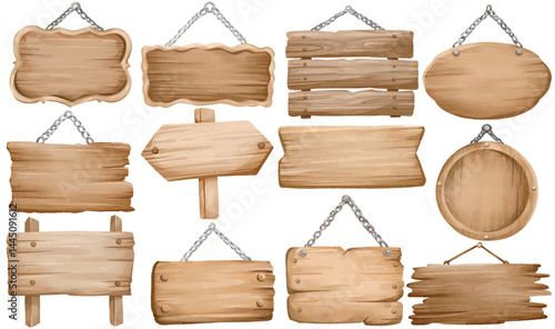 Watercolor Wooden Sign Vector Clip Art Set Hand Painted Hanging Board Arrow Frame Rustic Wood Banner Blank Isolated Illustration