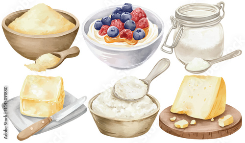 Watercolor Dairy Product Clip Art Set Hand Painted Cheese Yogurt Butter Cottage Cream Milk Powder Illustration