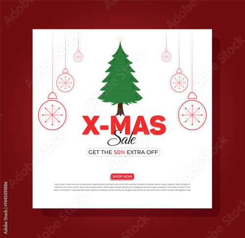 Merry Christmas winter sale, discount social media post template design, with vector pine tree, Christmas ball decoration, xmas discount poster design.