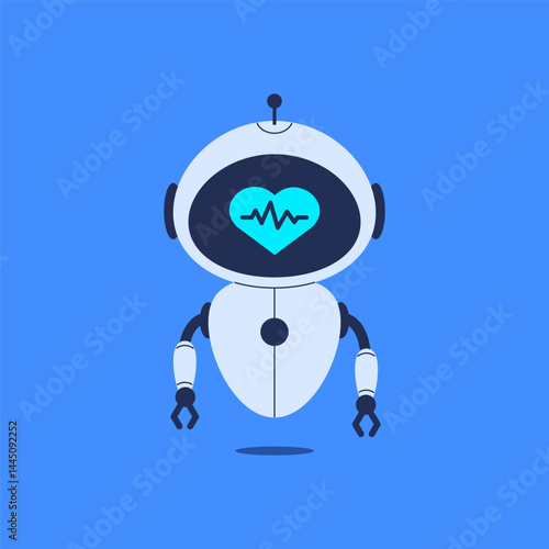 Robot with heart and ECG line on display. Vector illustration for medical AI, healthcare technology, and heart diagnostic