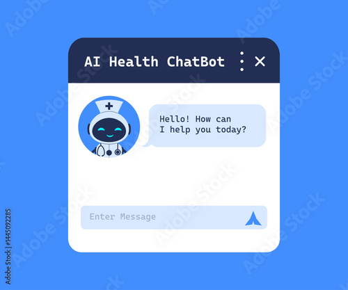 Chat bot window for AI doctor conversation or virtual healthcare assistant. Vector illustration for artificial intelligence in medicine, healthcare automation, and robotic doctors