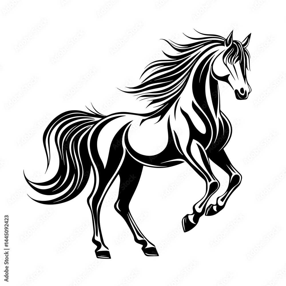 Obraz premium Elegant Stallion: A captivating black and white illustration of a majestic horse in full stride, capturing its power and grace.