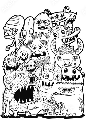 Hand-drawn illustrations, monsters doodle, Hand Drawn cartoon monster illustration,Cartoon crowd doodle hand-drawn Doodle style.black and white stripes coloring  book.