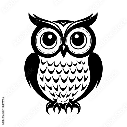 Wise Owl Illustration: A stylized, black and white illustration of an owl with large eyes and a feathered body, conveying a sense of intelligence and wisdom.  