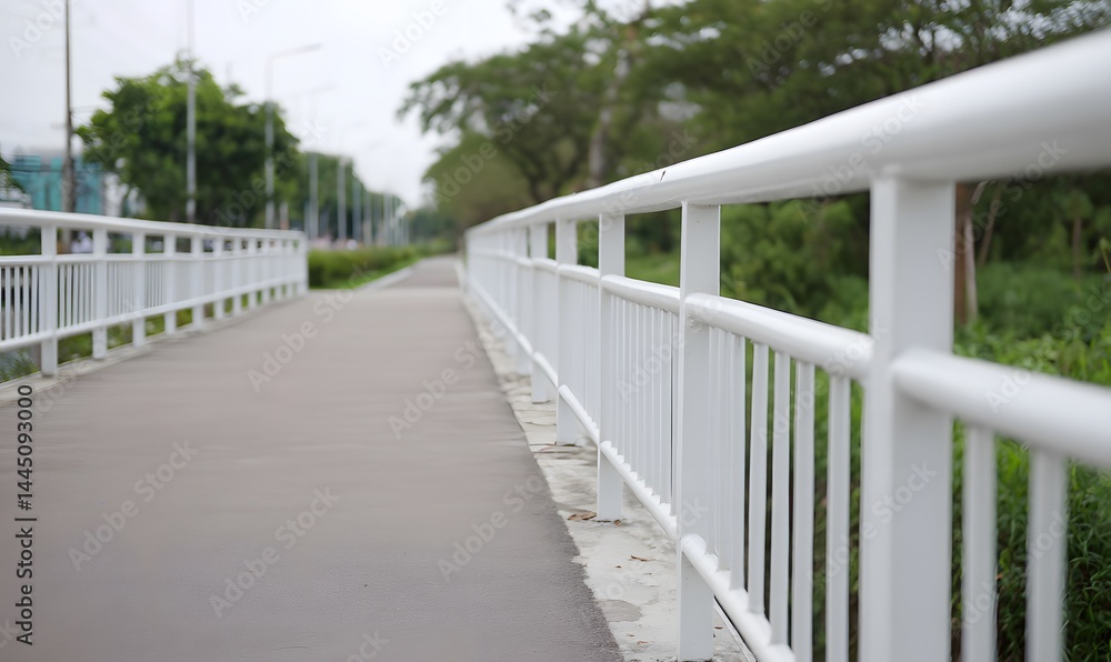 The matte white railings on the metal bridge are beautifully clean. Generative AI The matte white railings on the metal bridge are beautifully clean. Generative AI